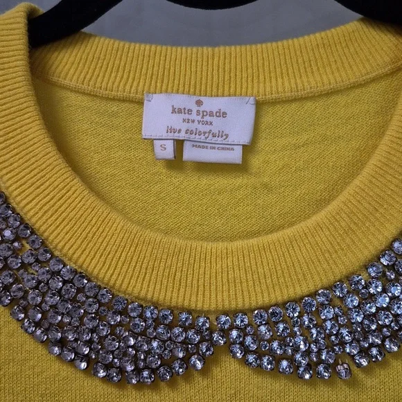 Kate Spade Golden Yellow Short Sleeve Sweater Jeweled "Collar" Sz. Small - Picture 2 of 8